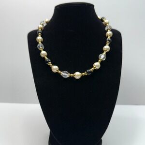 Necklace Faux Pearl Acrylic Beaded Black Clear Gold Tone Elegant Jewelry 8 in L